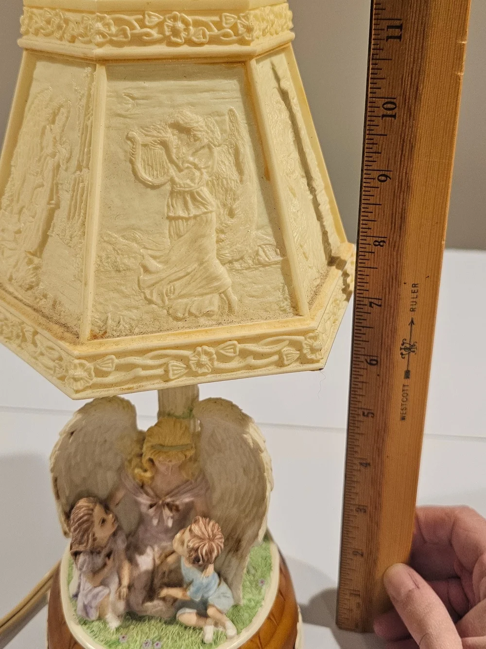 Vintage Guardian Angel Watching Over Children Table Lamp in Cream and Brown.